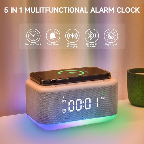 Gray Digital Alarm Clock with Bluetooth Speaker and Wireless Charger C580