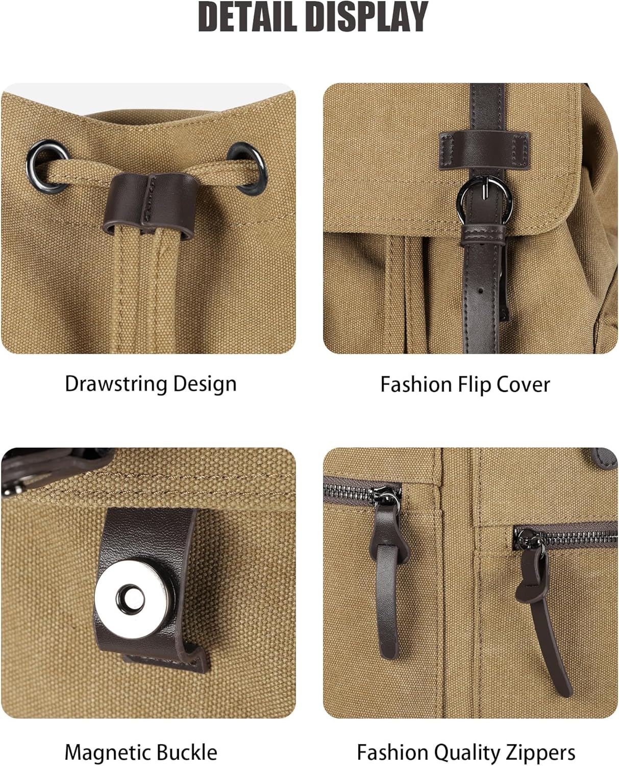 Canvas Vintage Casual Daypack Backpack, Water Resistant Lightweight 14 Inch Laptop Rucksack Hiking Bag, Khaki E52456