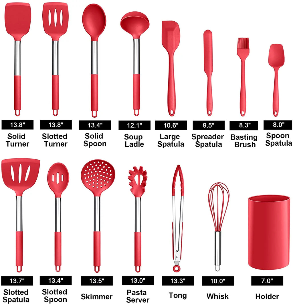 15 Pcs Silicone Non-stick Cooking Utensil Set with Stainless Steel Handle T299955