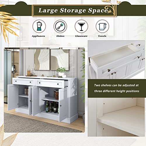 60" White 4-Door Sideboard Buffet with 2 Drawers and Adjustable Shelves S4793