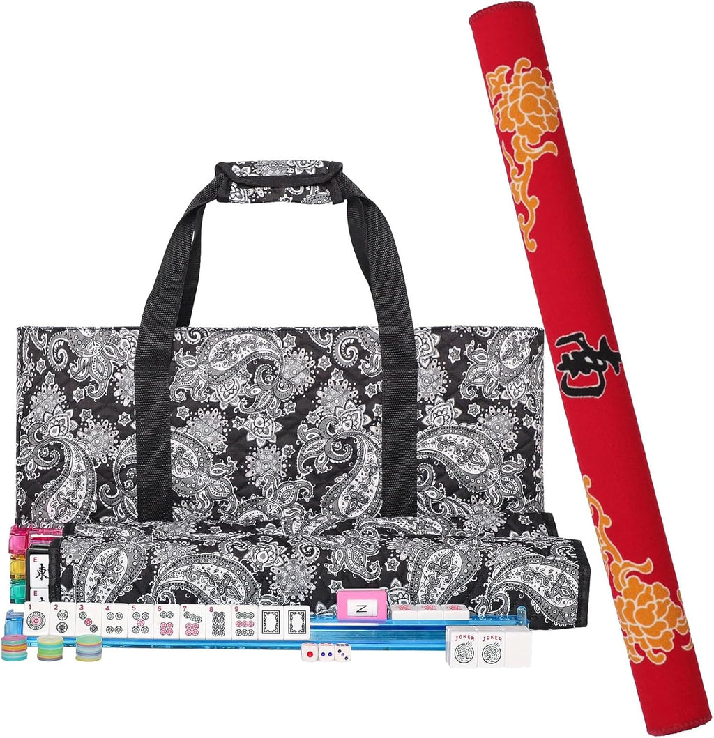 166 White Tiles Mahjong Game Set with 4 Color Rack Pushers, Black Carrying Bag, Mat with 3 Dice G5683