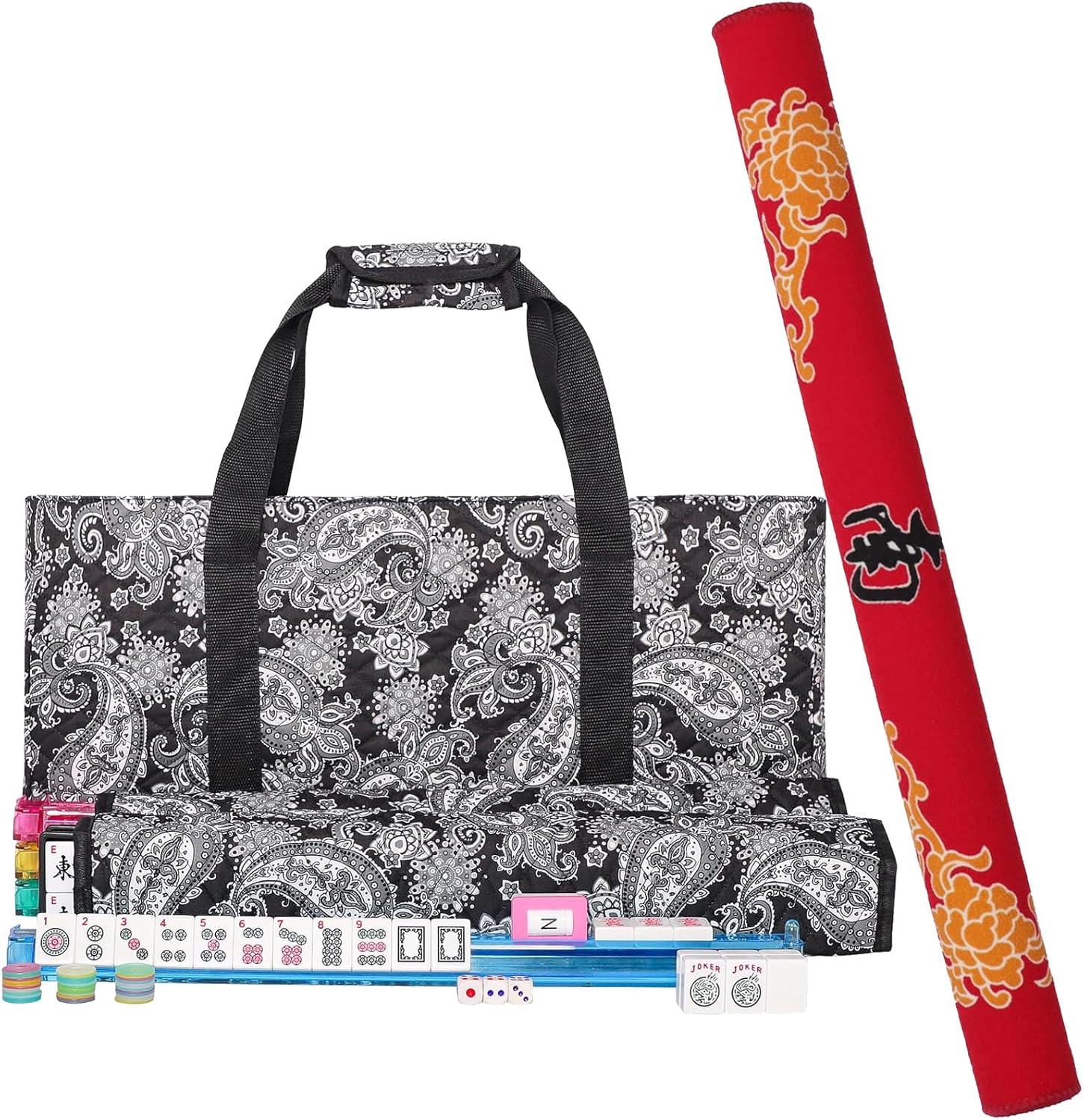 166 White Tiles Mahjong Game Set with 4 Color Rack Pushers, Black Carrying Bag, Mat with 3 Dice G5683