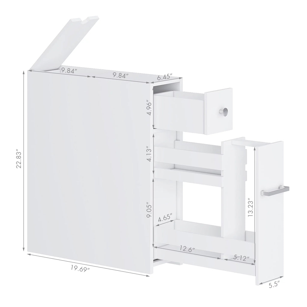 White Slim Bathroom Storage Cabinet with Toilet Paper Holder and Slide Out Drawer P834