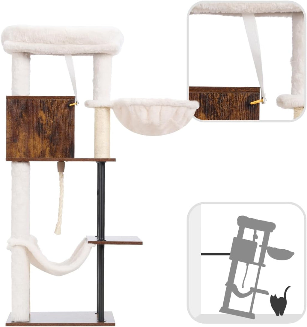 Rustic Brown 43.3in Wood Cat Tree with Sisal Rope Scratching Post V58118