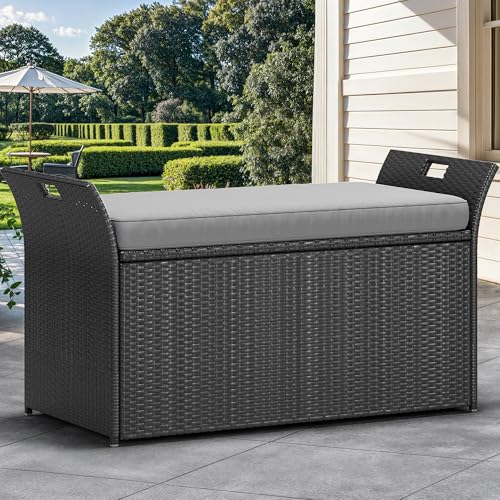 Black Beige 90 Gallon Outdoor Wicker Storage Bench with Cushion D280508