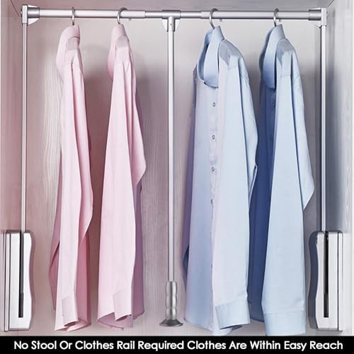 Pull Down Closet Rod Organizer Storage Rack Lift Buffer Extendable Adjustable Width Space Saving Wardrobe Hanger Silver D140438
