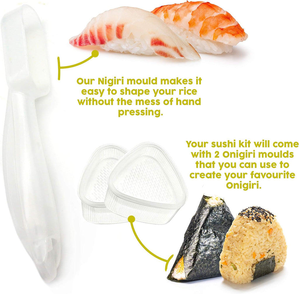 Bamboo Sushi Making Kit with Maki Maker, Sushi Mat, Onigiri Mold Set, Sushi Plate, Chopstick Set, Rice Paddle V7490