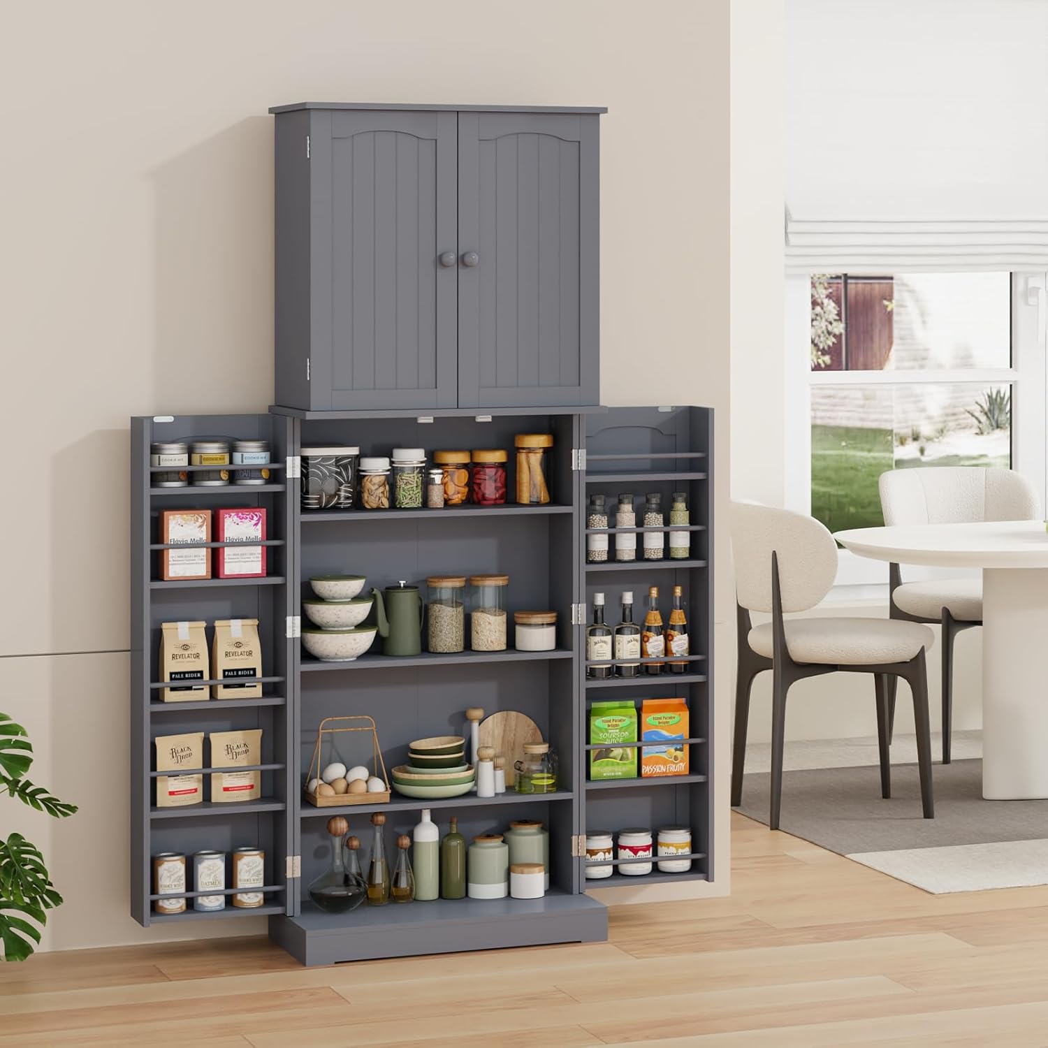 Gray Tall Freestanding Kitchen Pantry Cabinet with Doors and Shelves C345168