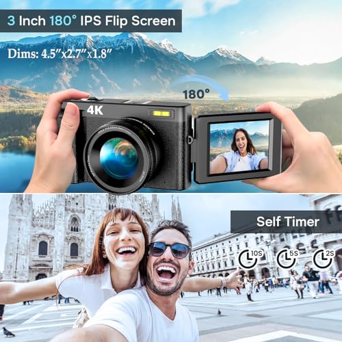 48MP Digital Camera with 16X Digital Zoom, 3" Flip Screen, 2 Batteries H4618