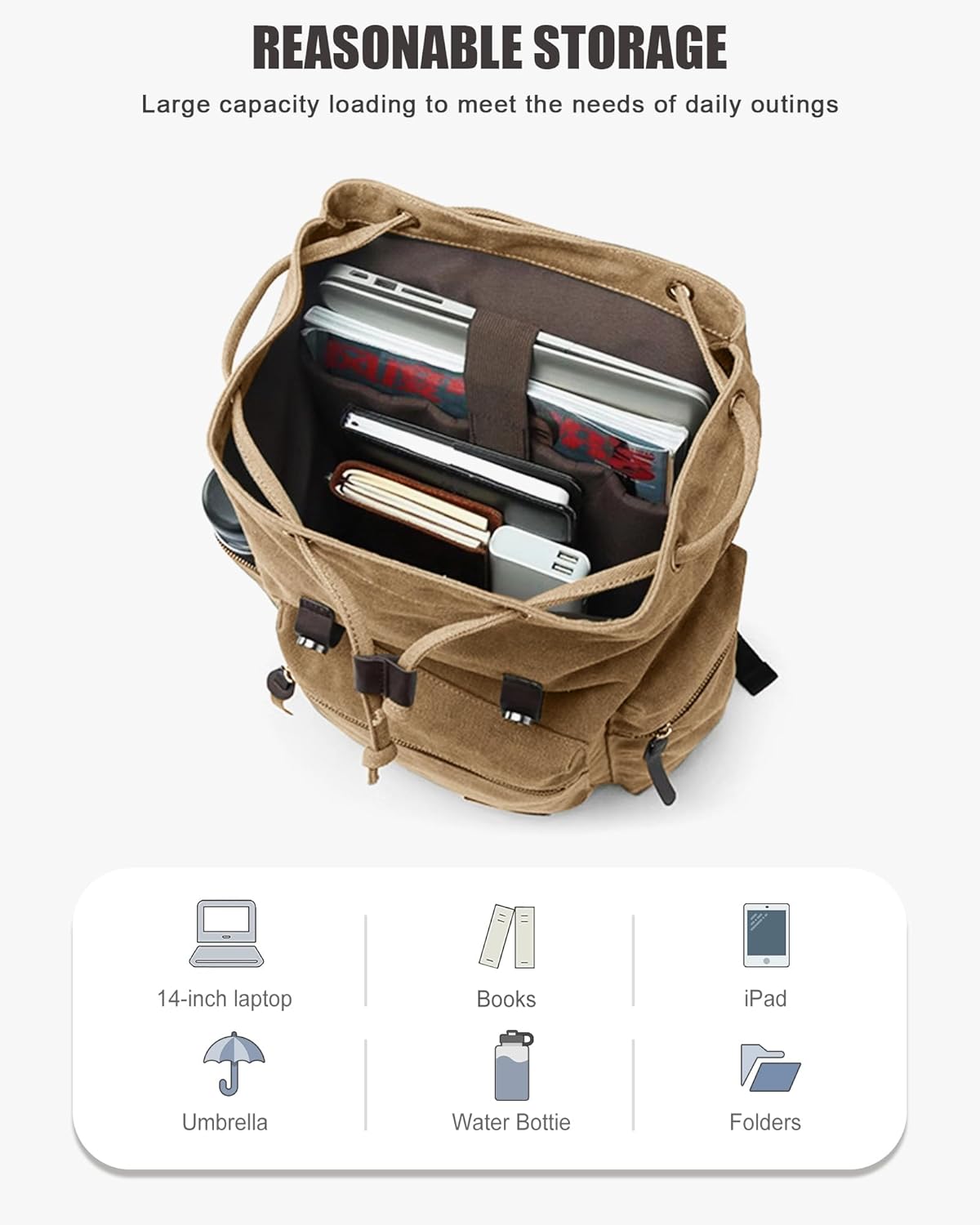 Canvas Vintage Casual Daypack Backpack, Water Resistant Lightweight 14 Inch Laptop Rucksack Hiking Bag, Khaki E52456
