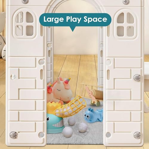 Kids Playhouse with Pretend Play Kitchen Toys Set Beige Gray W4912