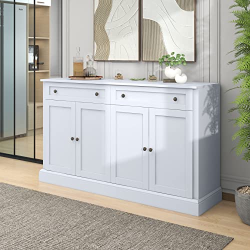 60" White 4-Door Sideboard Buffet with 2 Drawers and Adjustable Shelves S4793