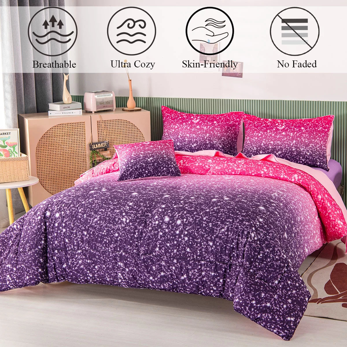 6Pcs Twin Gradient Pink Purple Glitter Comforter Sets R2313