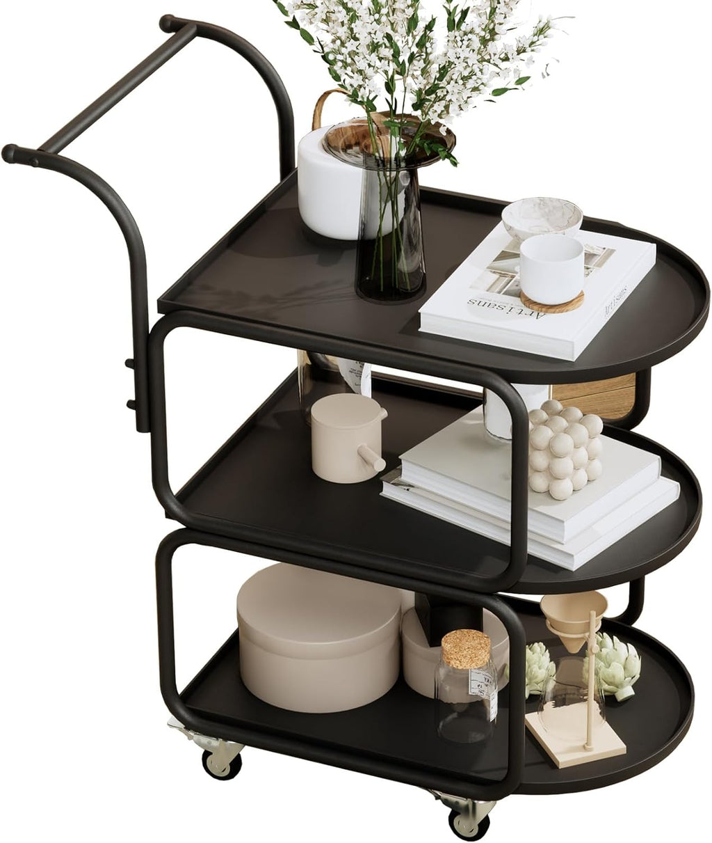 Matte Black 3-Tier Rolling Metal Bar Cart with Lockable Wheels R64576