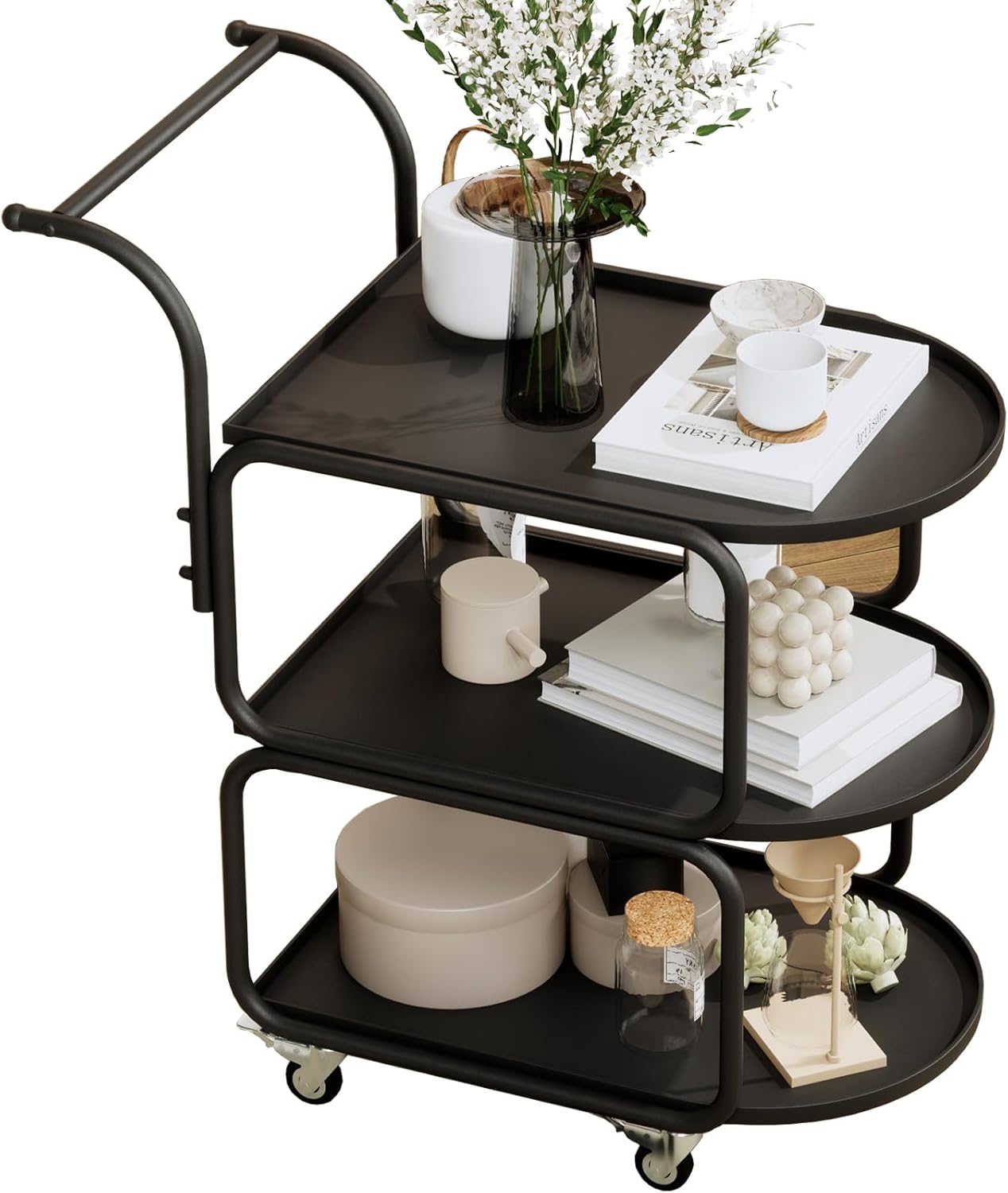 Matte Black 3-Tier Rolling Metal Bar Cart with Lockable Wheels R64576
