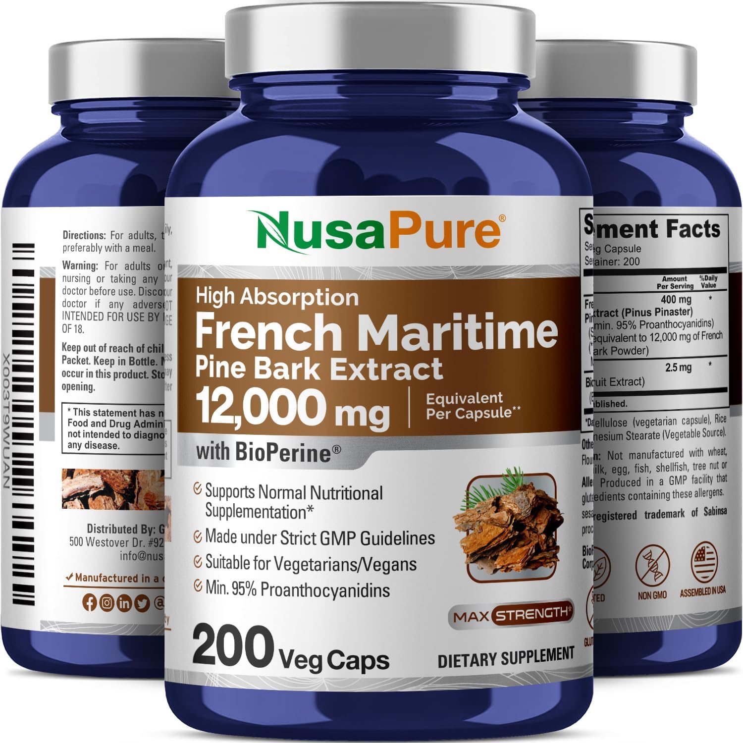 French Maritime Pine Bark Extract 12,000 mg Veggie Caps 200-Day Supply U7168
