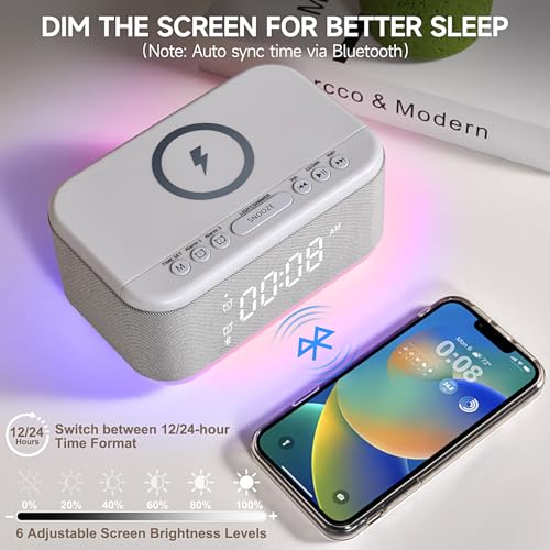 Gray Digital Alarm Clock with Bluetooth Speaker and Wireless Charger C580