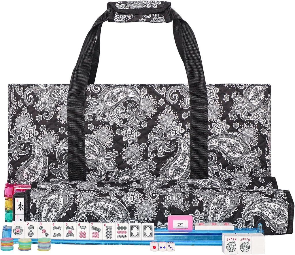 166 White Tiles Mahjong Game Set with 4 Color Rack Pushers, Black Carrying Bag, Mat with 3 Dice G5683