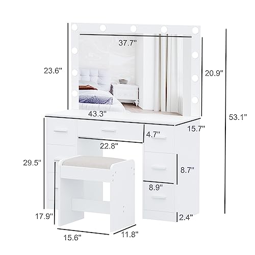 White Vanity Desk with Lighted Mirror and Drawers V85958