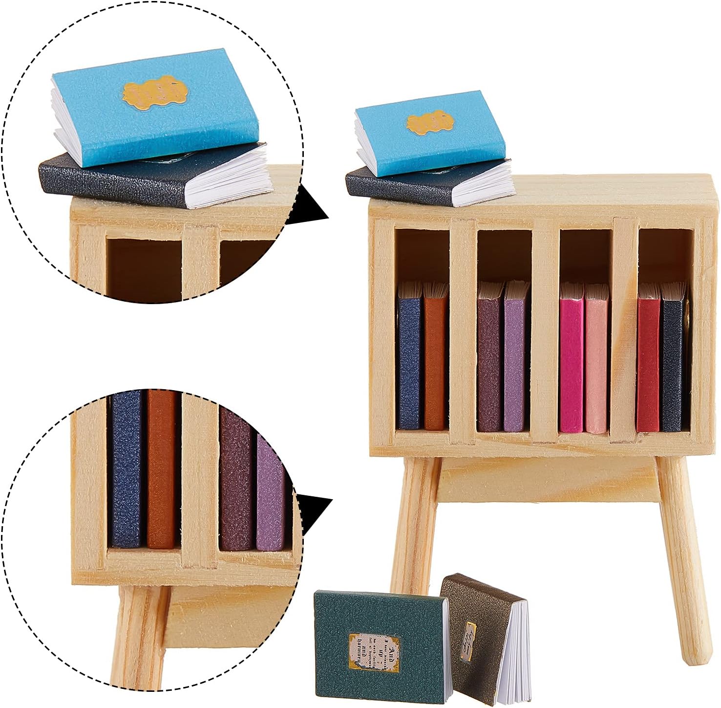 13 Pieces 1:12 Scale Miniature Dollhouse Books with Wooden Rack Bookshelf N173891
