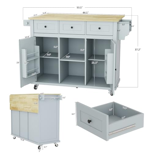 Grey Blue Rolling Kitchen Island with Storage Cabinet and 3 Drawers L4512