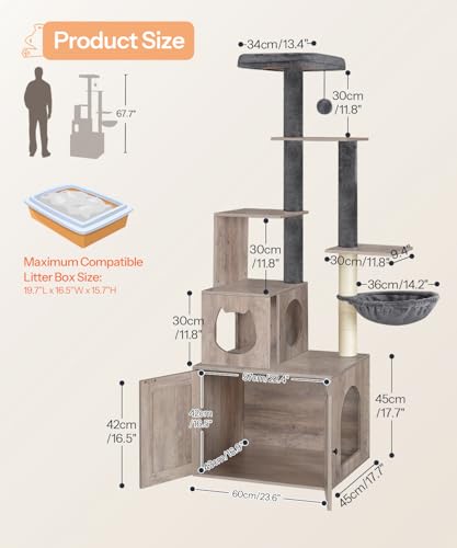 Greige 67.7" H Wooden Cat Tree with Litter Box Enclosure N9284