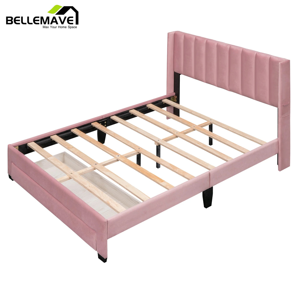 Queen Size Pink Velvet Upholstered Wood Platform Bed with Drawer I3436