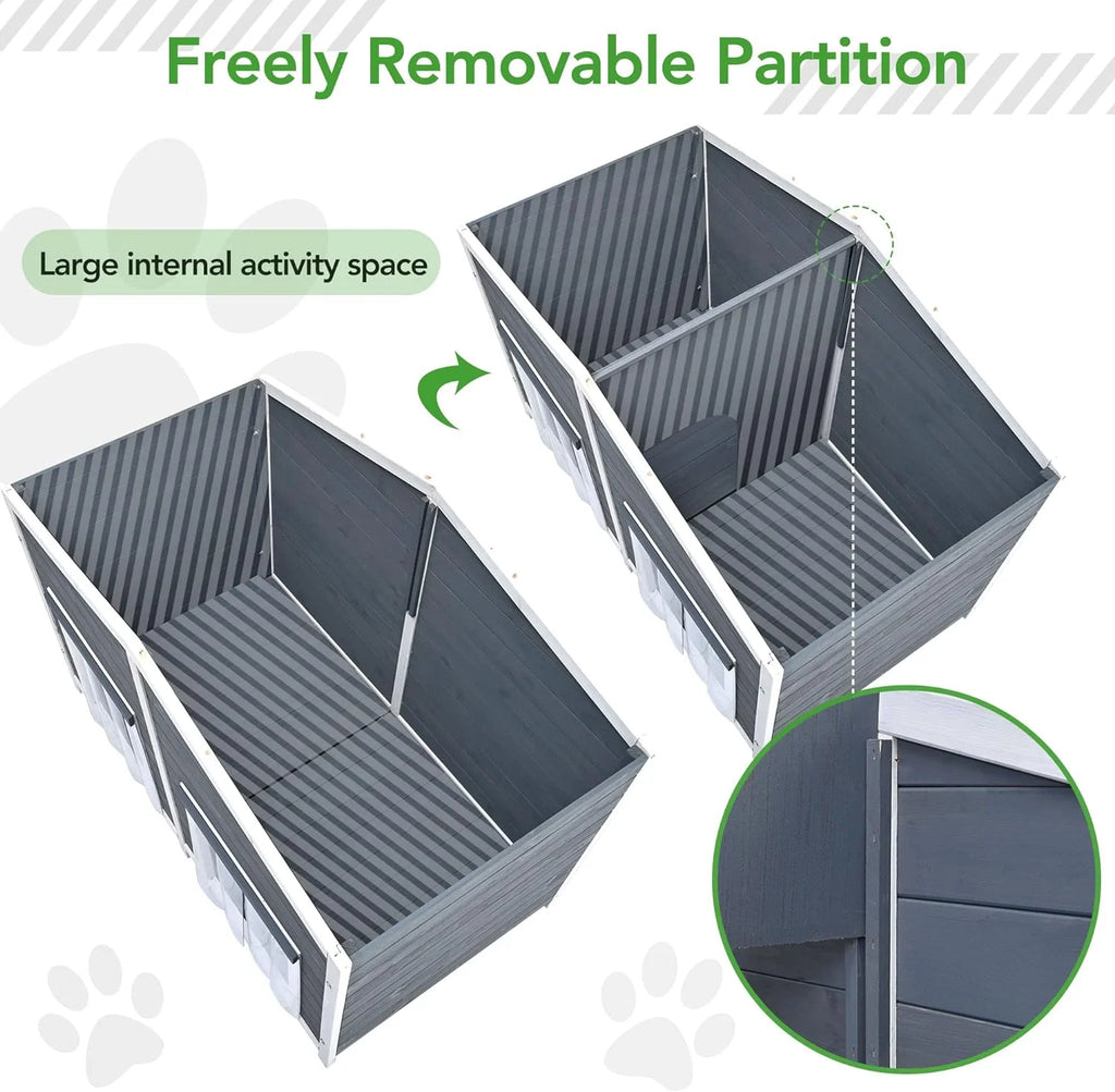 Gray Green Wooden Dog House with Porch 2 Doors Q801944