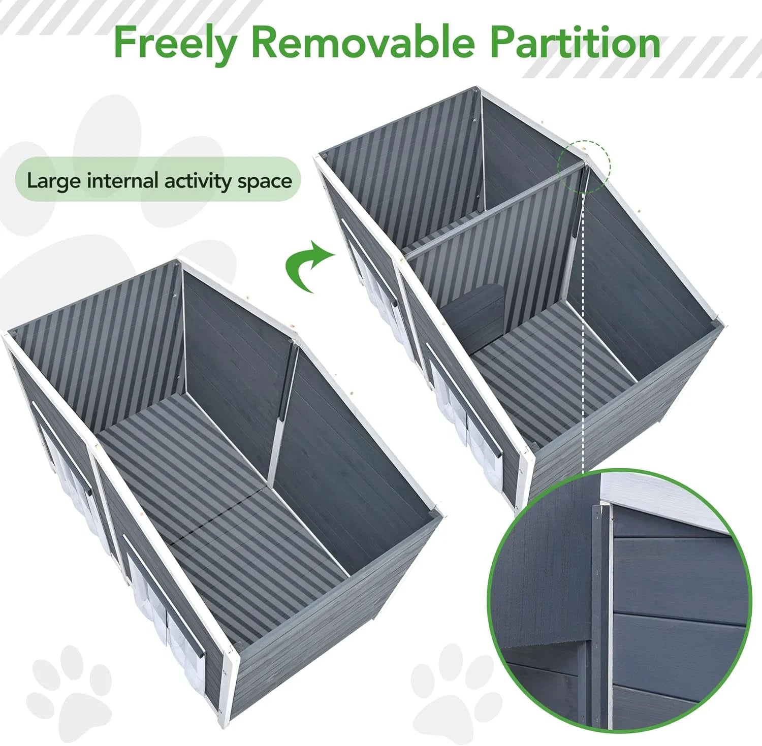 Gray Green Wooden Dog House with Porch 2 Doors Q801944