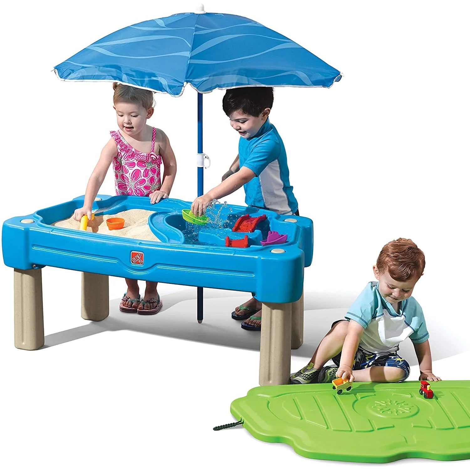 Blue Plastic Sandbox and Water Table with Cover and Umbrella A904858