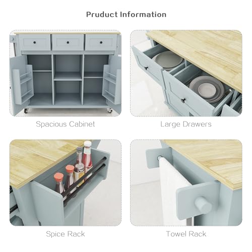 Grey Blue Rolling Kitchen Island with Storage Cabinet and 3 Drawers L4512