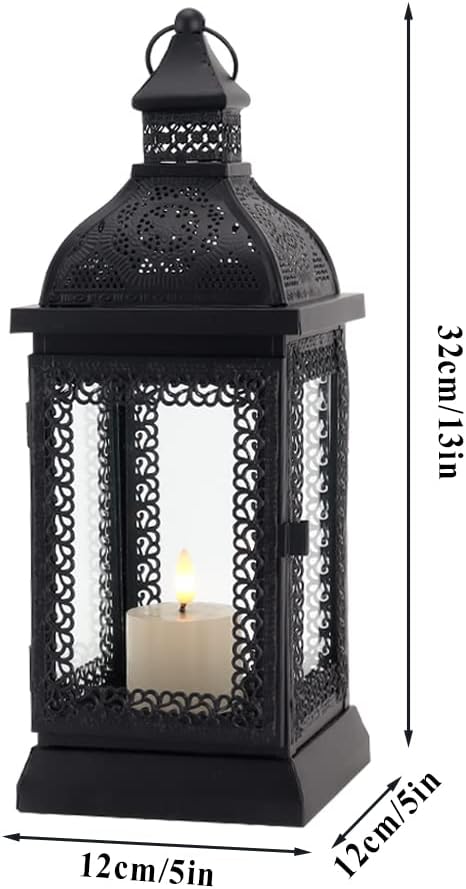 Black Metal Candle Lantern 13'' High with Tempered Glass E53080