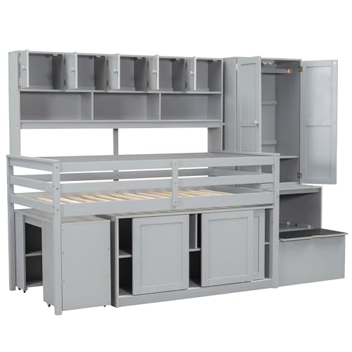 White Low Wood Loft Bed Twin Size with Rolling Desk and Drawers X6776