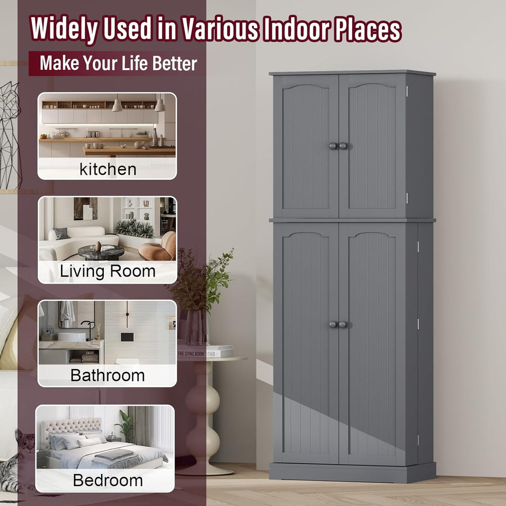 Gray Tall Freestanding Kitchen Pantry Cabinet with Doors and Shelves C345168