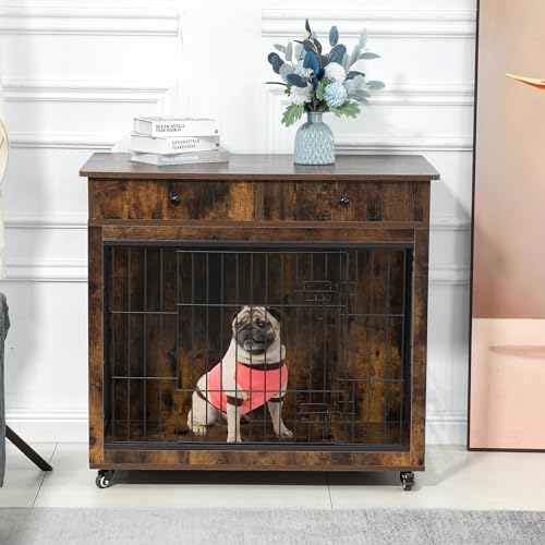 Grey 31.7" L×23.2" W×33" H Wooden Dog Crate with 2 Drawers D442