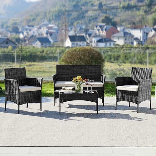 Black 4 Piece Outdoor Wicker Patio Furniture Set with Coffee Table and Sofa Y795177