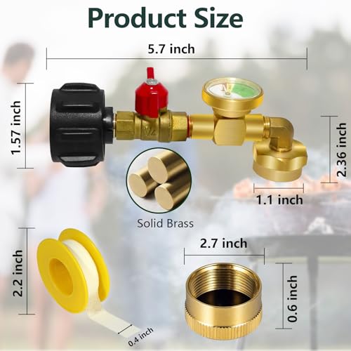 Propane Refill Adapter with Gauge Valve, Solid Brass Q11276