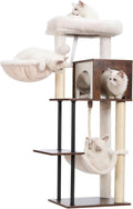 Rustic Brown 43.3in Wood Cat Tree with Sisal Rope Scratching Post V58118