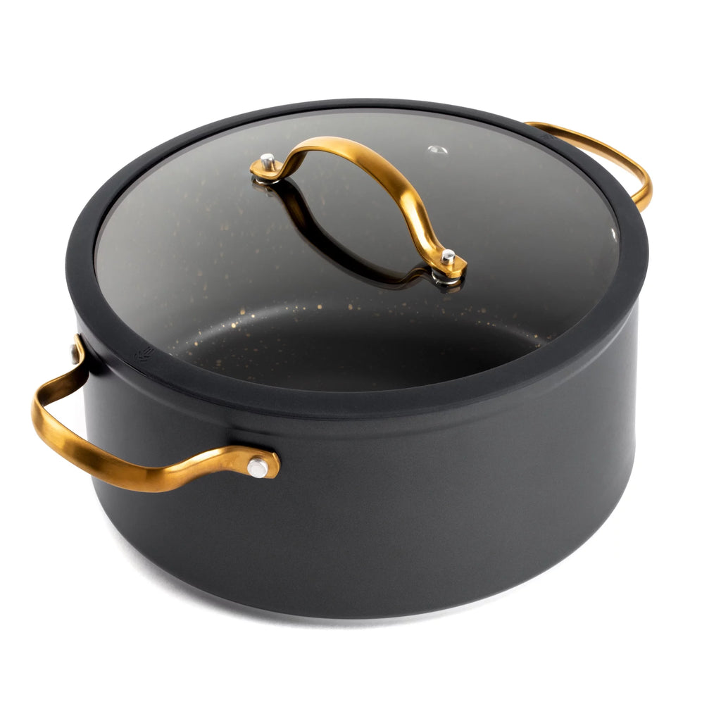 Non-Stick 5 QT Stock Pot with Glass Lid, Black & Gold X981979