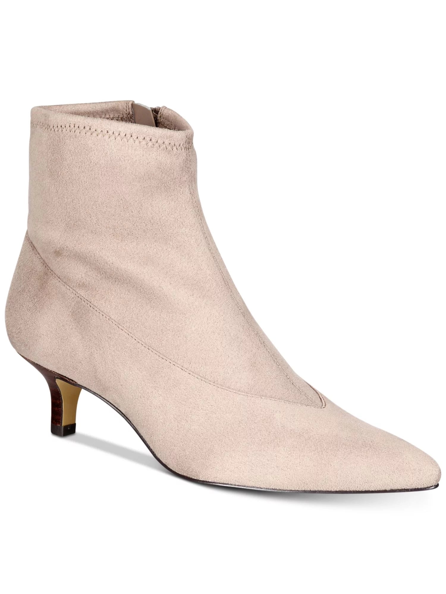Beige Cushioned Stretch Pointed Toe Kitten Heel Zip-Up Booties O1661