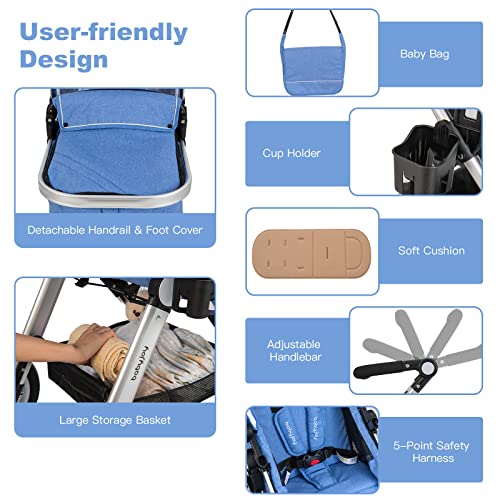 2-in-1 Convertible Bassinet Reclining Stroller with 5-Point Harness, Aluminum Structure, Khaki X47030