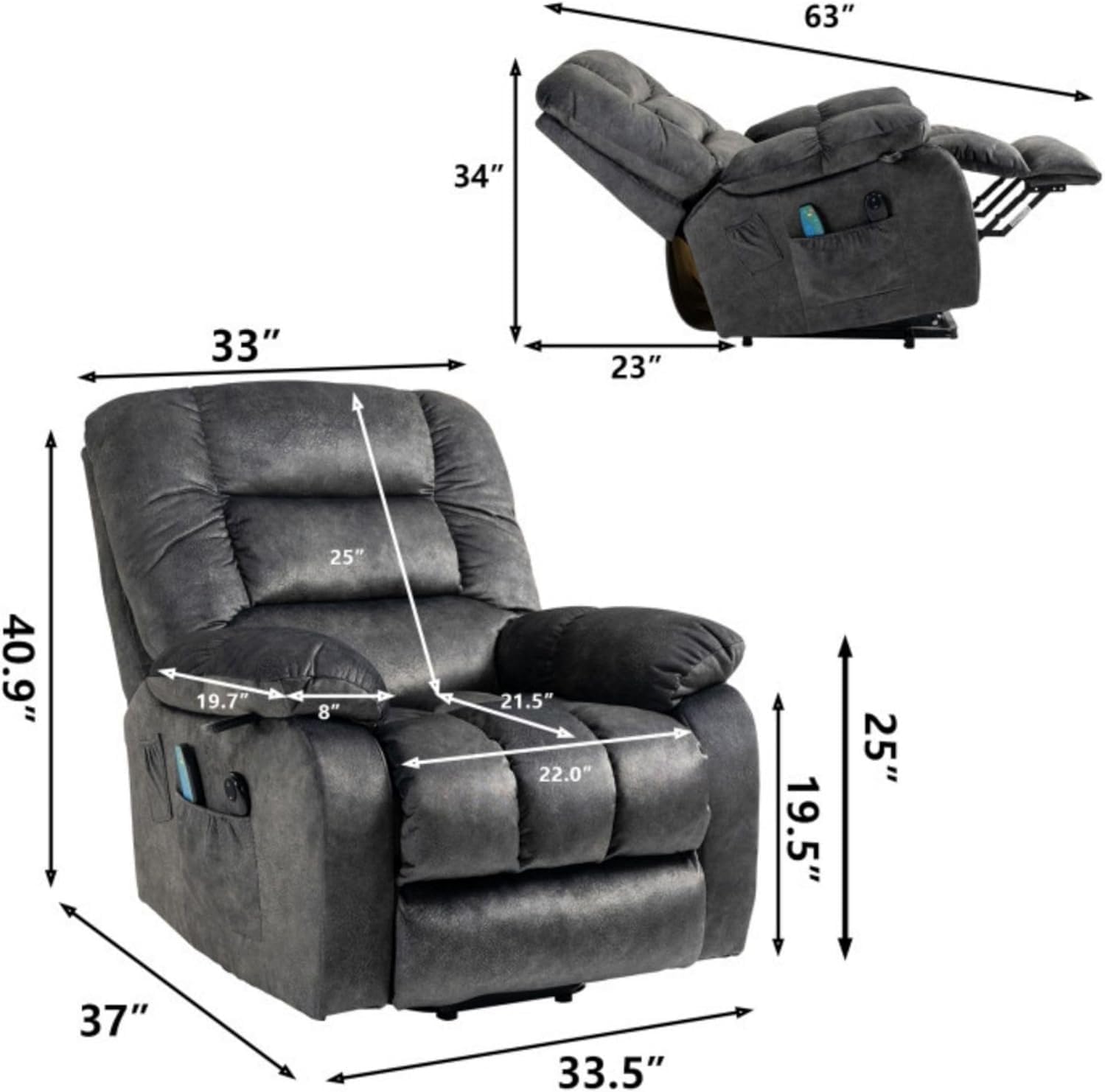 Oversized Dual Motor Lift Recliner with Heat and Massage H899