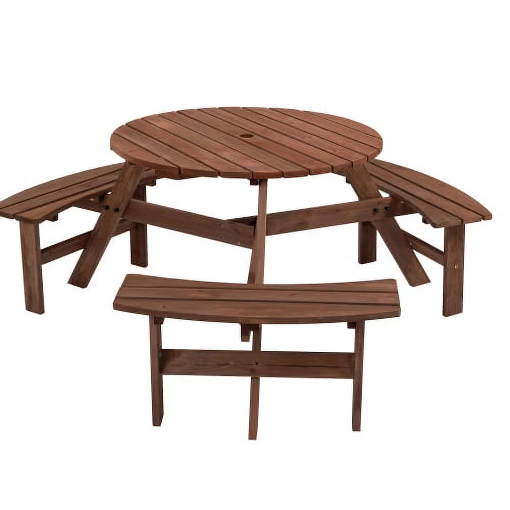 6-Person Circular Outdoor Wooden Picnic Table with 3 Built-in Benches Y52951