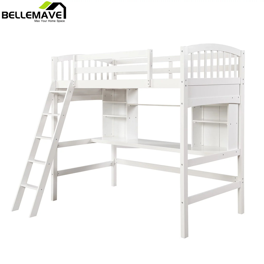 Twin Size High Loft Bed with Storage Shelves, Desk and Ladder Solid Wood Bed Frame with Safety Guardrails White D77146