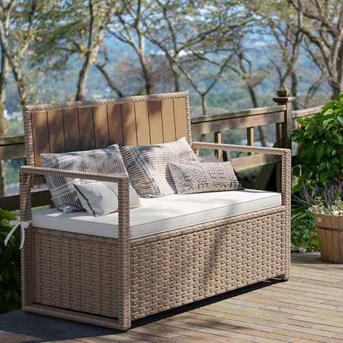 Black Beige 90 Gallon Outdoor Wicker Storage Bench with Cushion D280508
