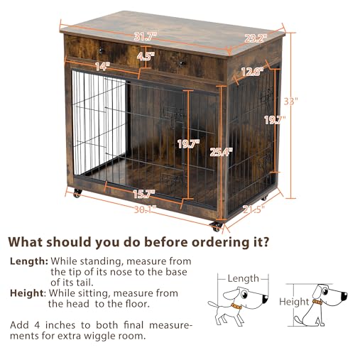 Grey 31.7" L×23.2" W×33" H Wooden Dog Crate with 2 Drawers D442