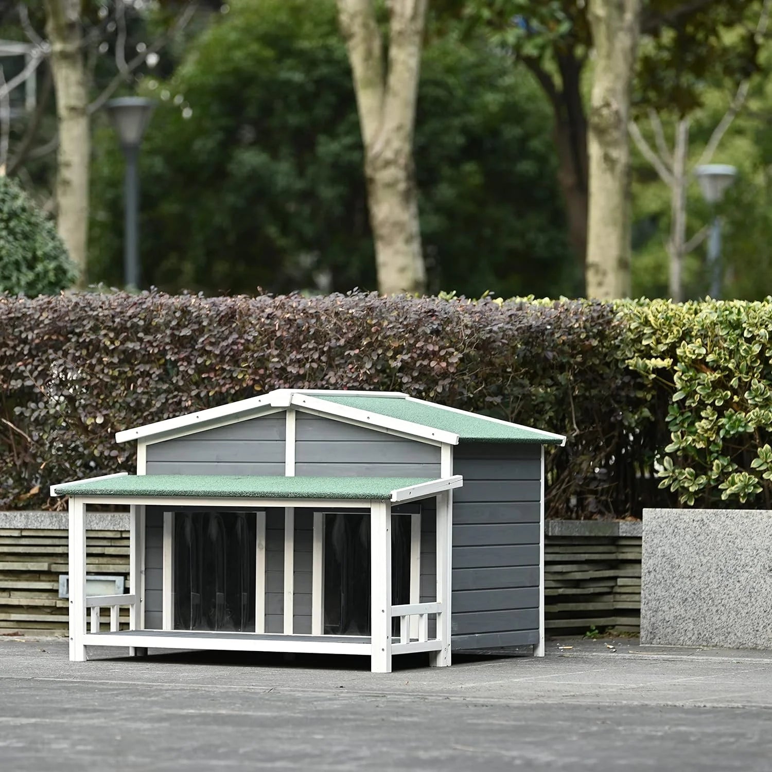 Gray Green Wooden Dog House with Porch 2 Doors Q801944