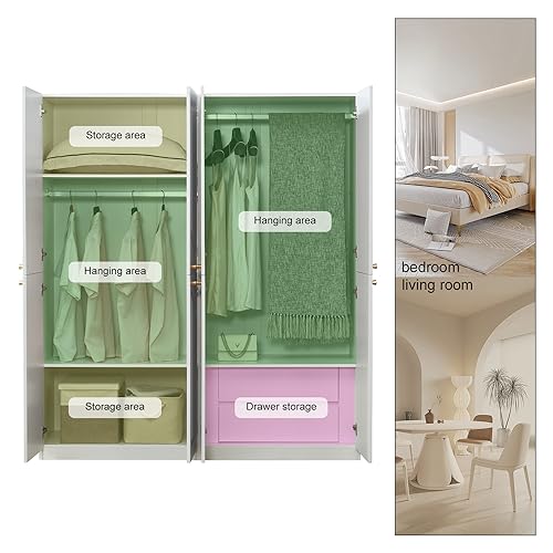 White 4 Door 2 Drawers Wooden Armoire Wardrobe Cabinet E903