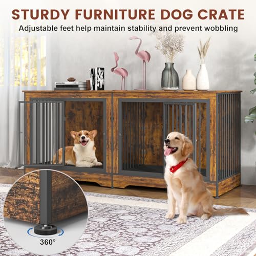 75 Inch Double Dog Crate Furniture Rustic Brown with Trays and Divider A2215