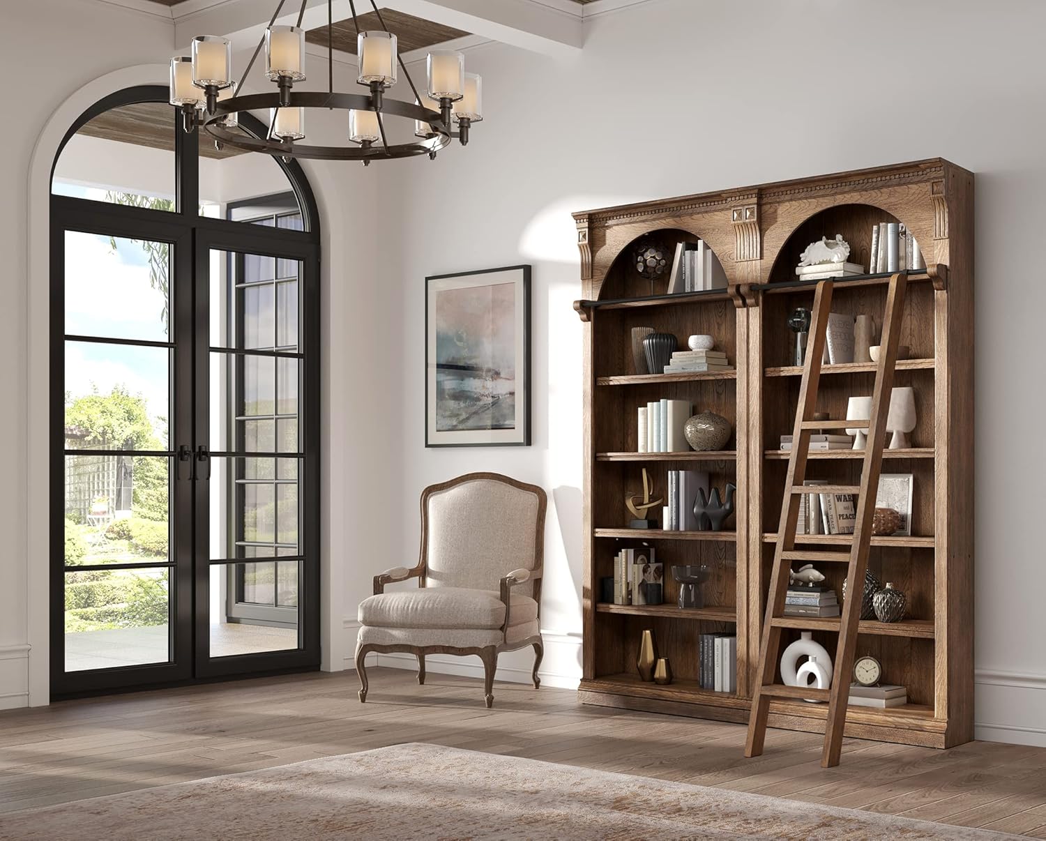 Brown 8' Tall Bookcase Wall with Ladder O396914